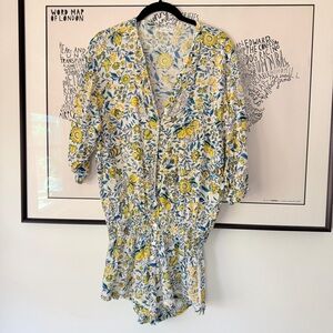 POUPETTE ST BARTH Fiona Short Jumpsuit Romper White Blue Capri Sz S Floral $320